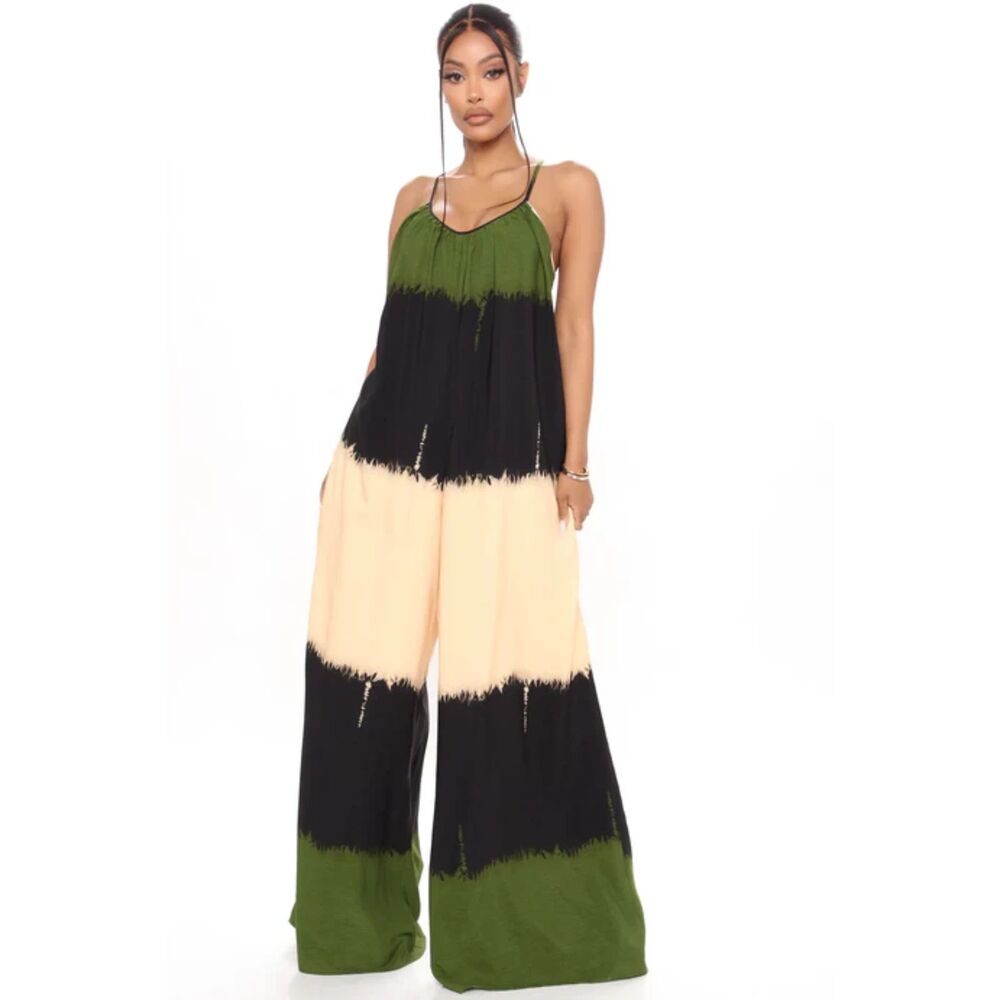 The Sang, Wide Leg Strapless Jumpsuit, M Olive Black Cream Boho Vacation